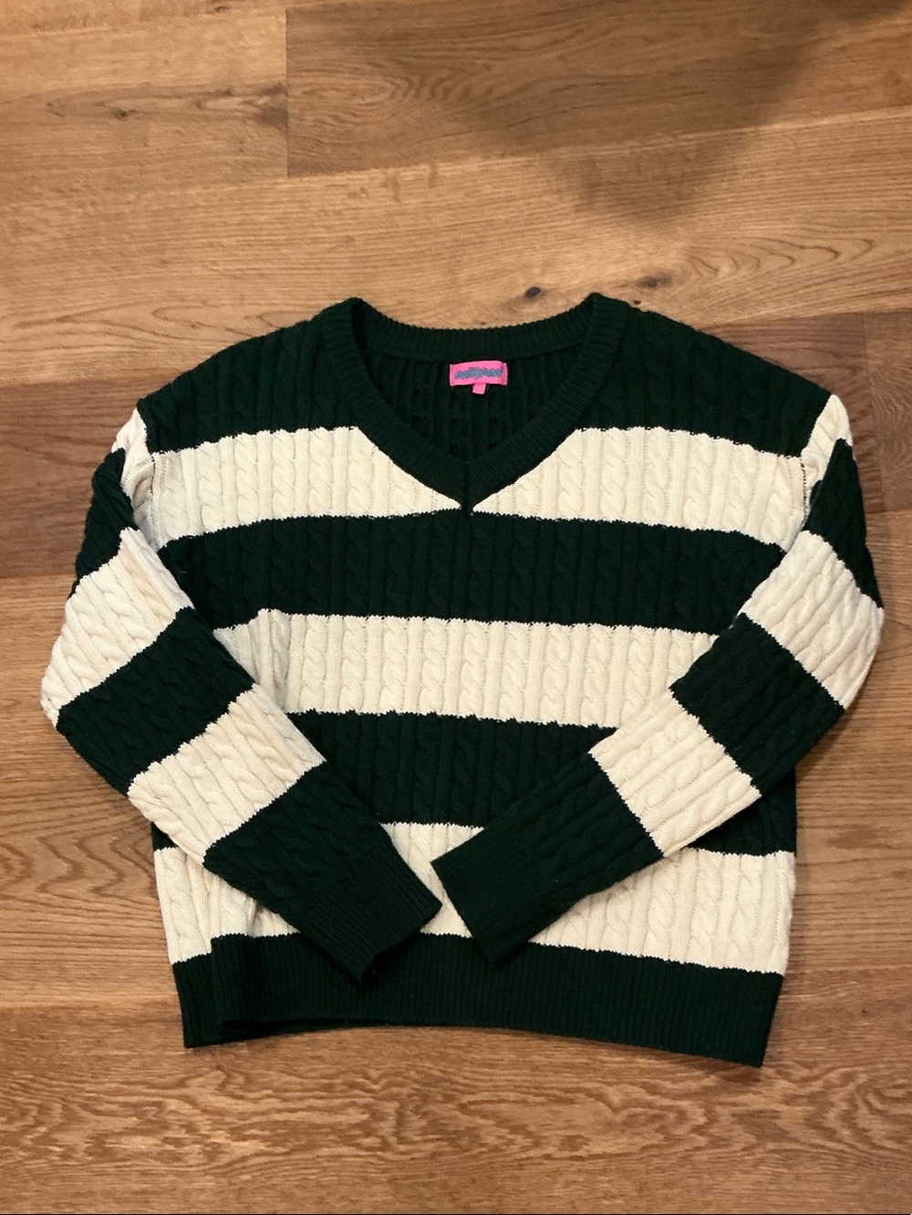 Striped V-Neck Cable Knit Sweater in Dark Green and Cream